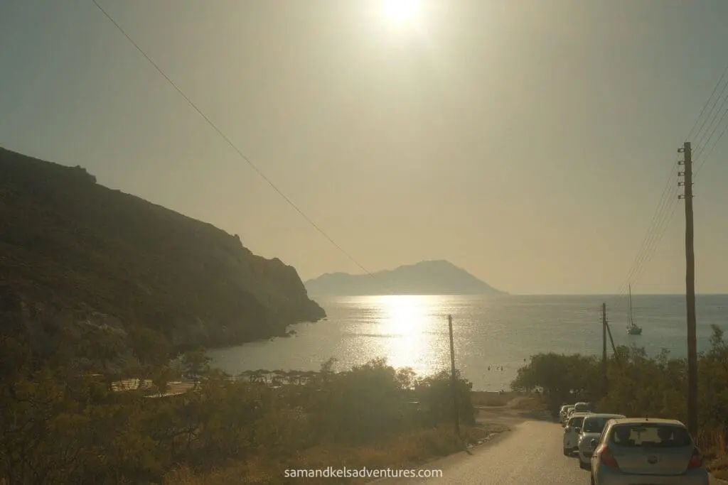 greece island hopping itinerary view of platheina beach from top of hill
