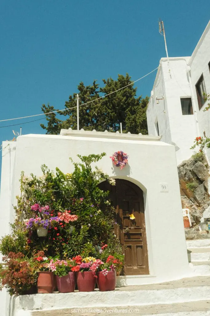 best place to stay in rhodes view of the lindos flowers 