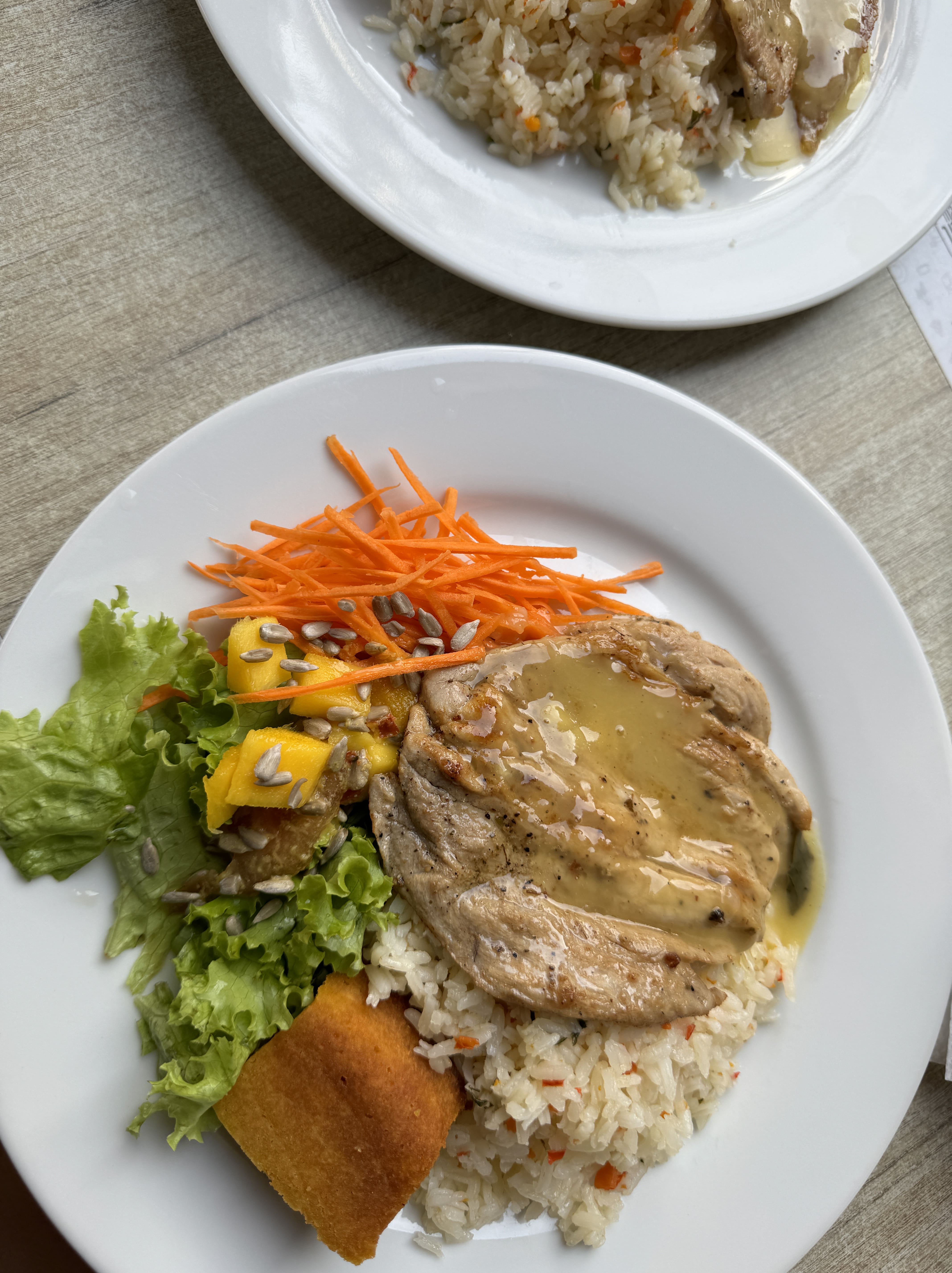Main dish, salad mango carrot tomato carrot cake pork with salsa rice 